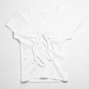 AE Keyhole Tie-Front Crop Top Tee, White, XS